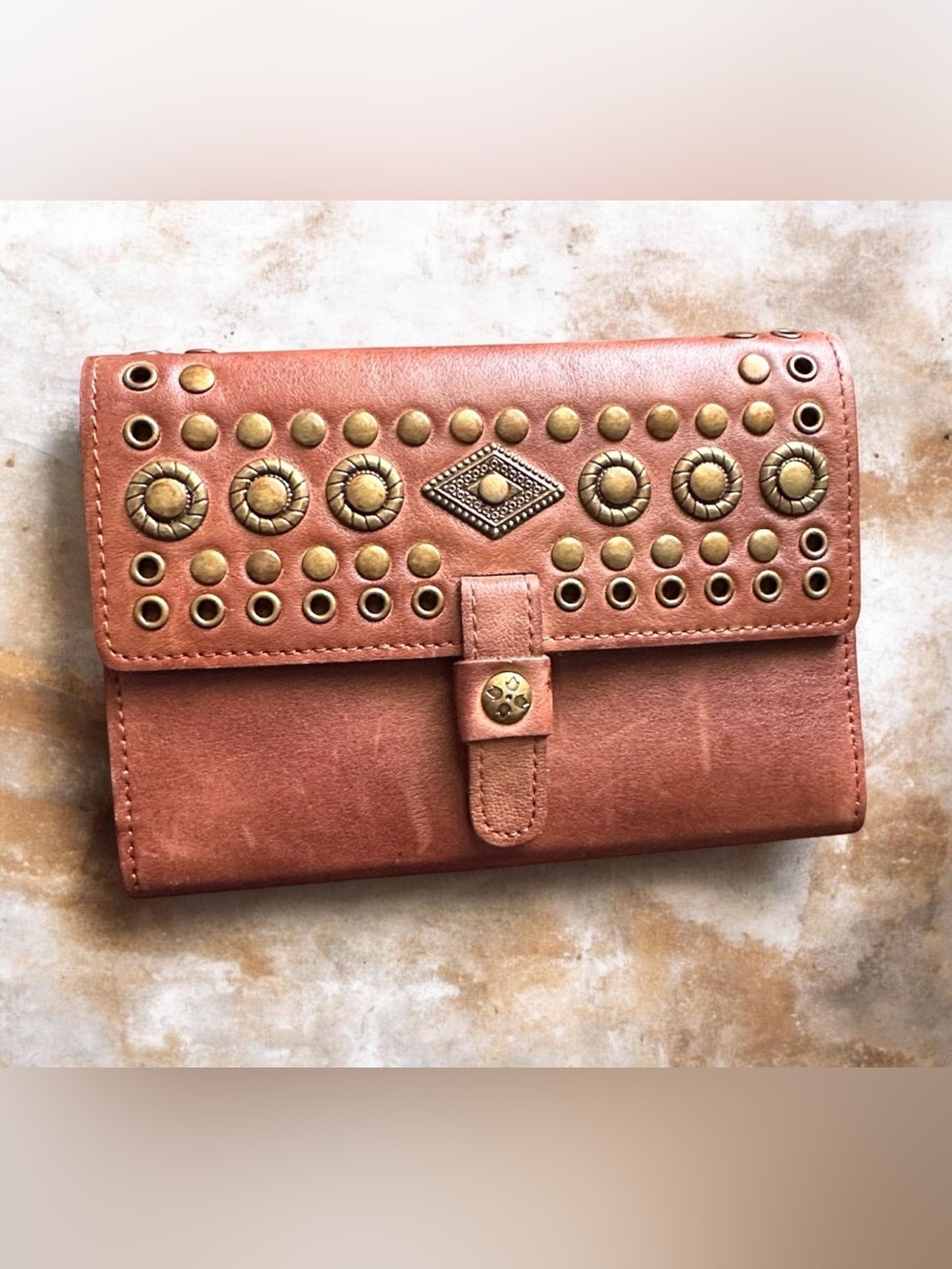 Patricia Nash Leather Light Brown Clutch With Studs